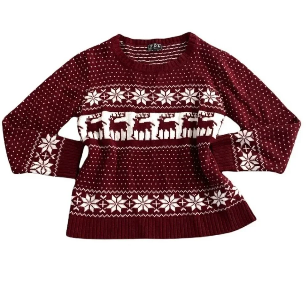 POL Maroon/Burgundy Red Reindeer Snowflake Fair Isle Sweater Sz L #216H - Picture 6 of 10
